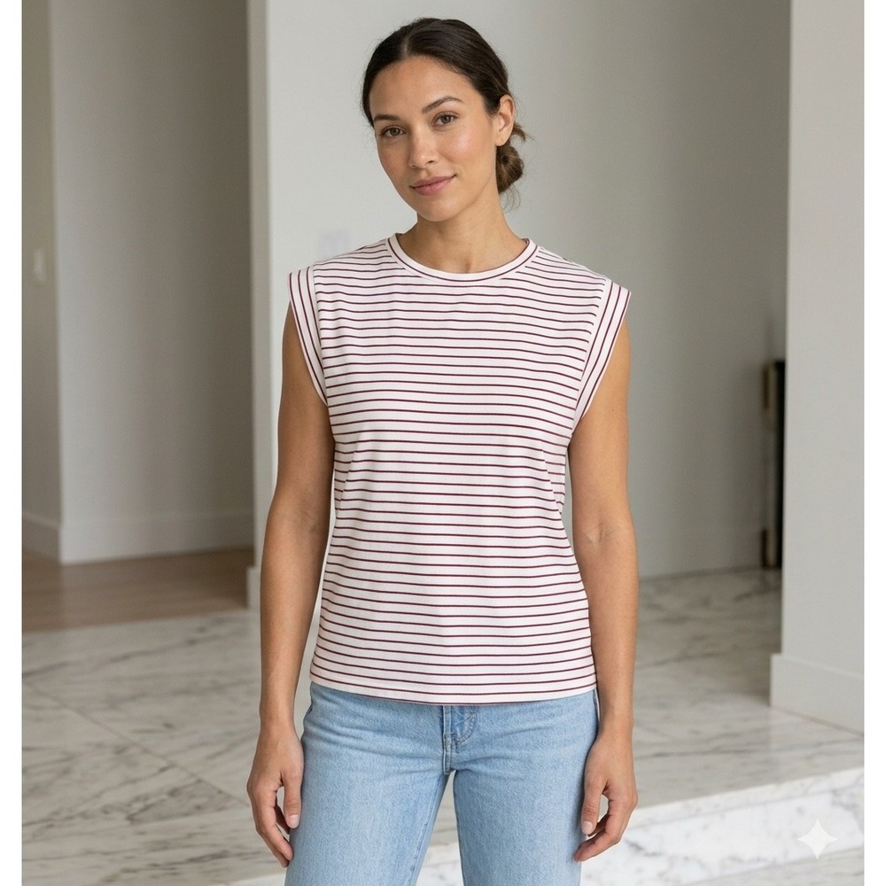 Staccato Womens Padded Shoulder Muscle Tee Striped Sleeveless Top Red White M